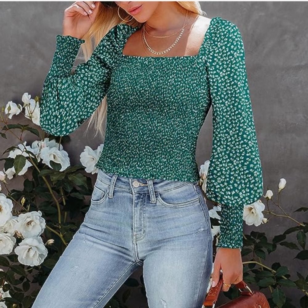 Womens Casual Long Sleeve Shirts Smocked Slim Fit Puff Sleeves Neck Tops Blouse